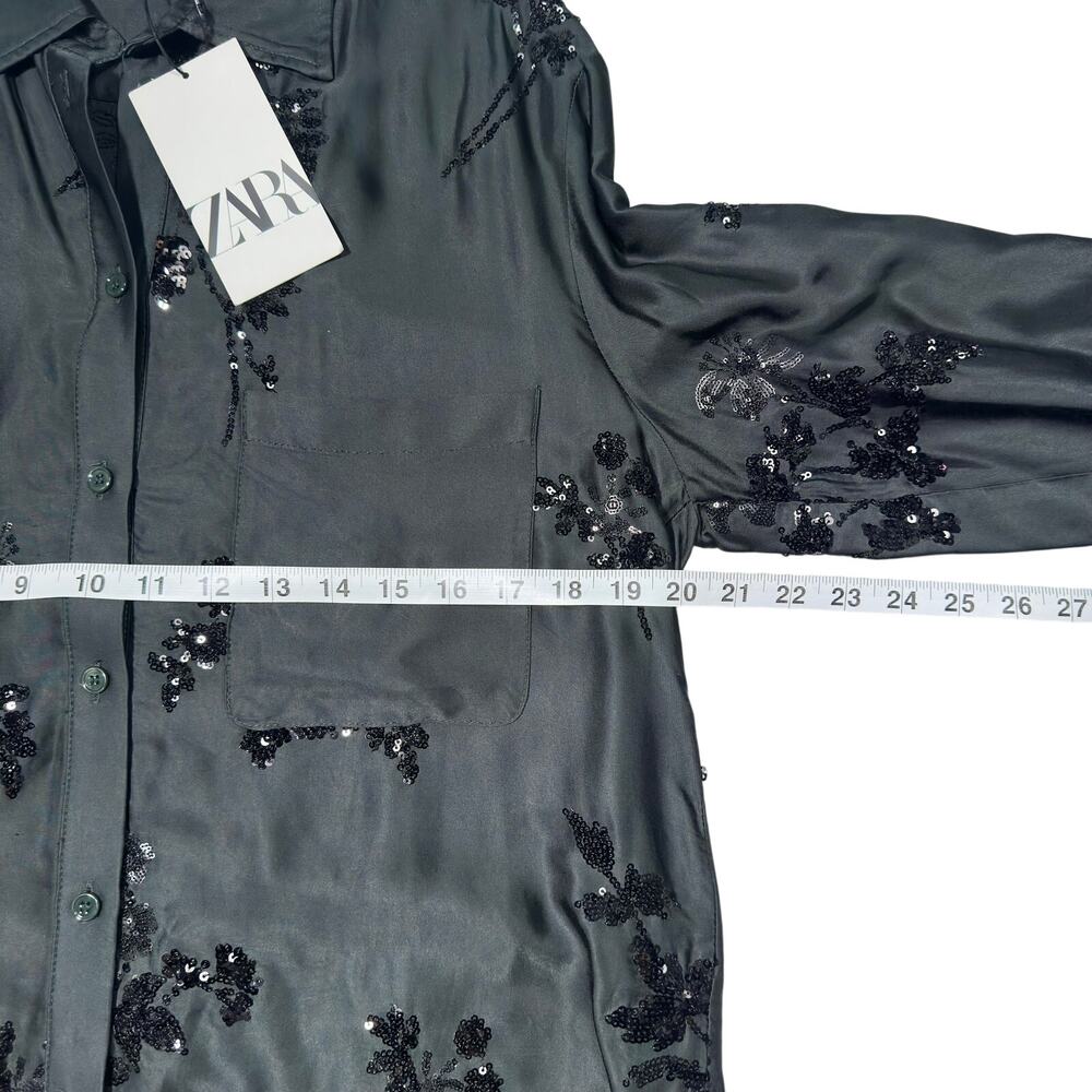 Zara | Women | Emerald Green Satin Floral Sequin LS Button Up Blouse | Small - Picture 5 of 16